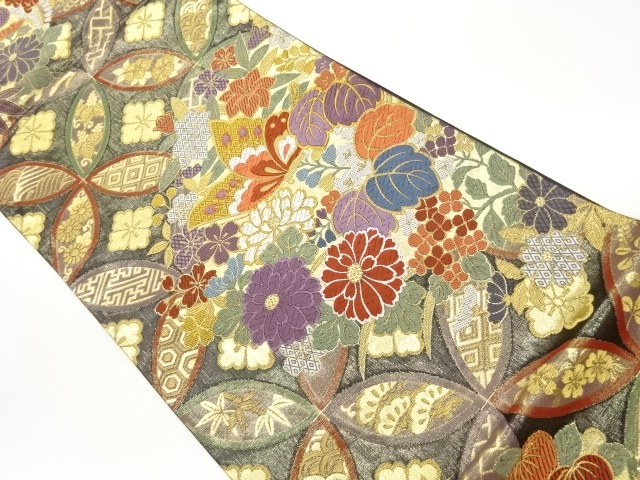 JAPANESE FUKURO OBI / WOVEN FLORAL PLANTS & BUTTERFLY